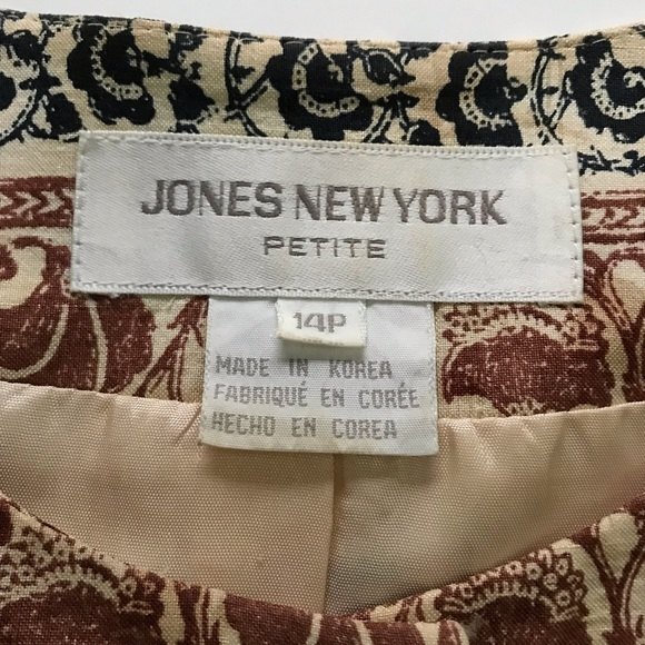 Jones New York Silk Floral Batik Blazer Tan Jacket Button Front Women Size 14P - Picture 5 of 9